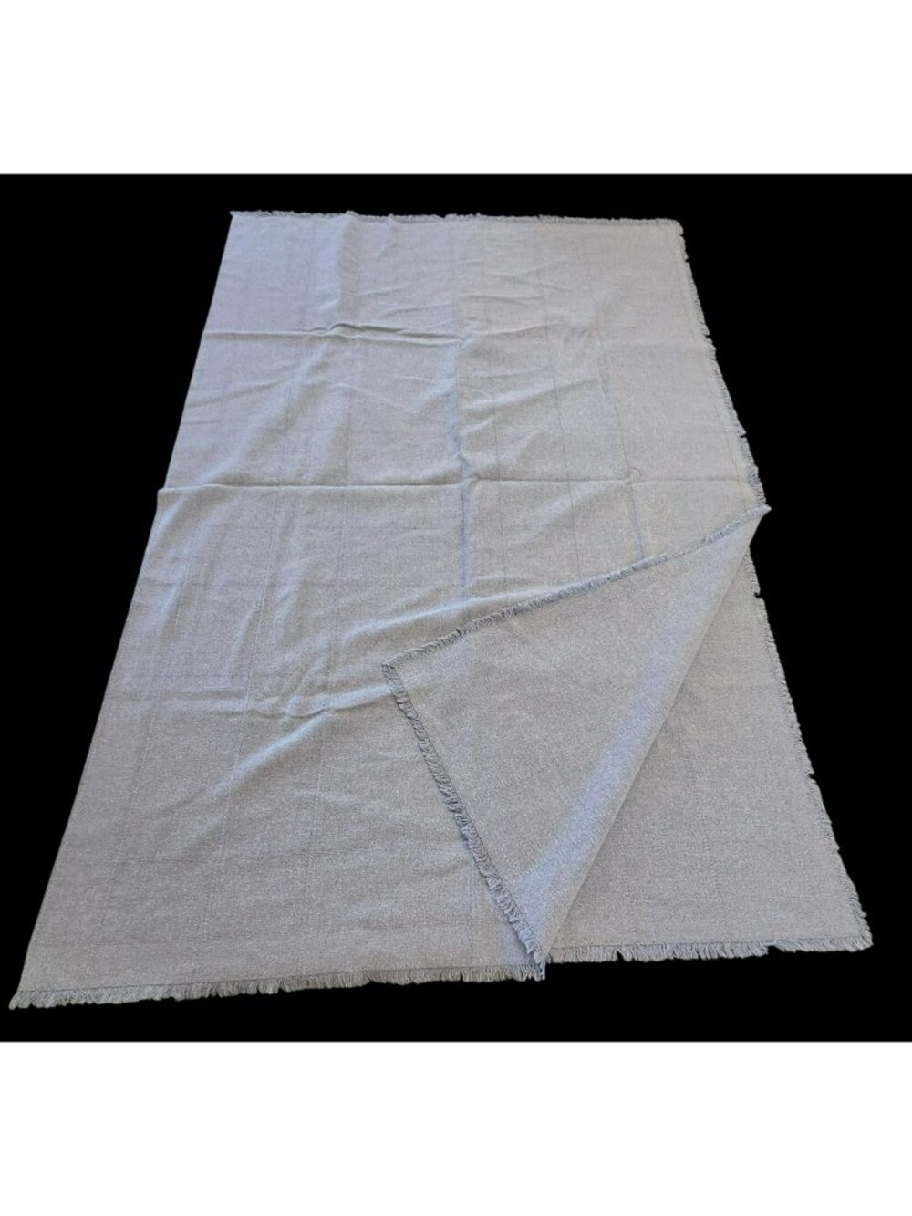Vintage Dusty Blue Fringed Rectangular Tablecloth 84" X 65" Woven Fabric